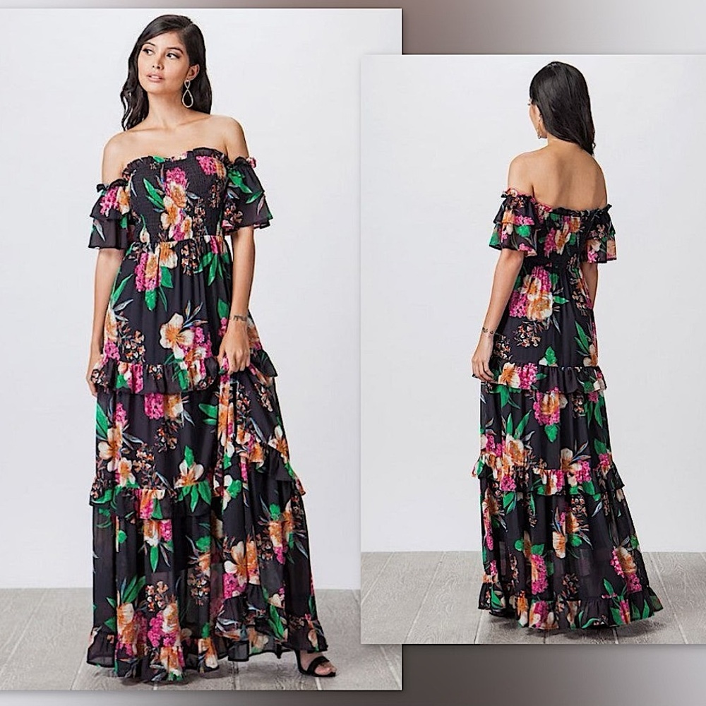 🌺 A Calin Flying Tomato Brand Smocked Floral Maxi Dress in Black & Pink Multi